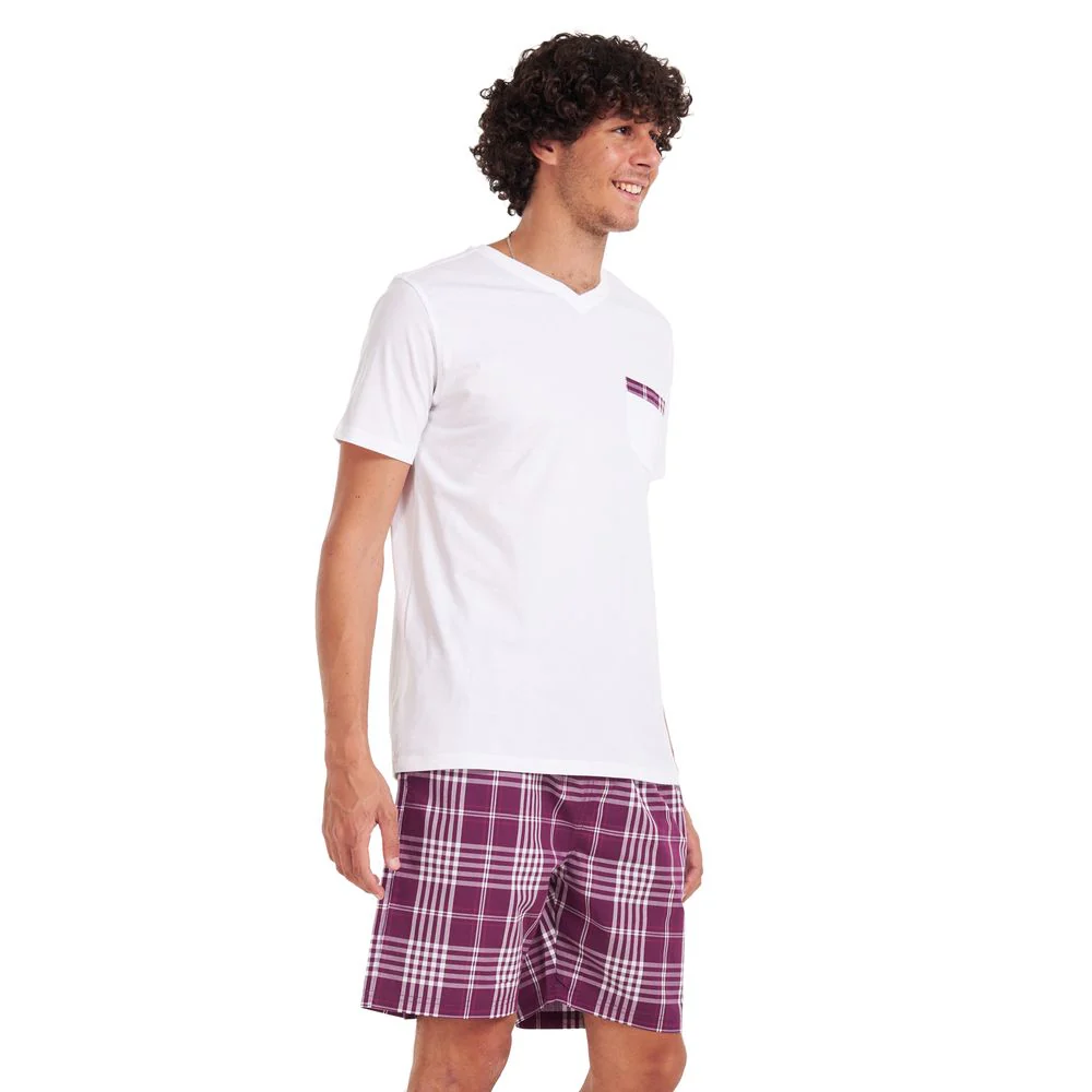 Men summer pajama set White T-shirt +Burgundy checkered shorts - Image 2