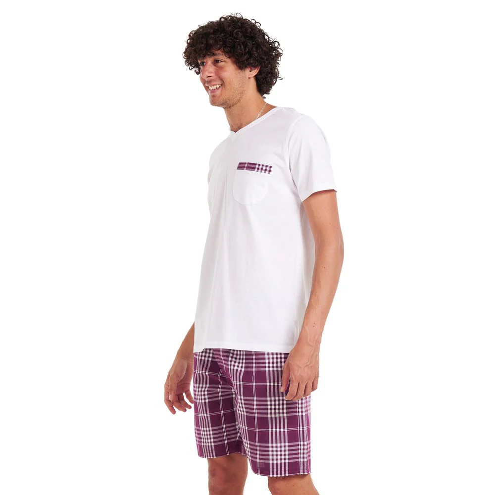 Men summer pajama set White T-shirt +Burgundy checkered shorts - Image 3
