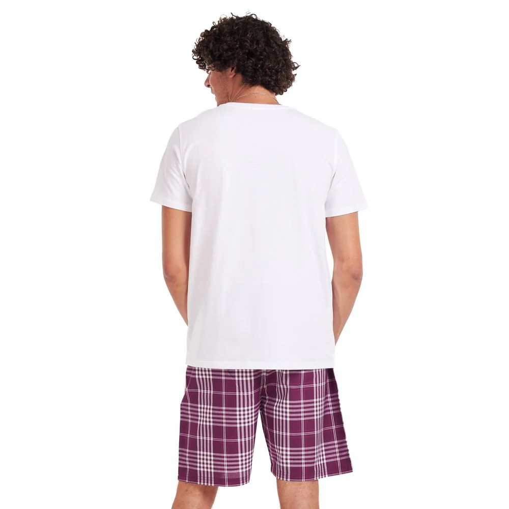 Men summer pajama set White T-shirt +Burgundy checkered shorts - Image 4