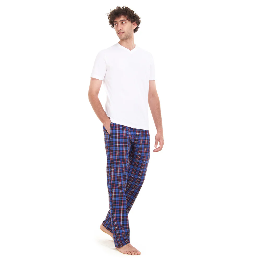 Men summer pajama set White T-shirt + Dark Blue Checkered pants - Image 2