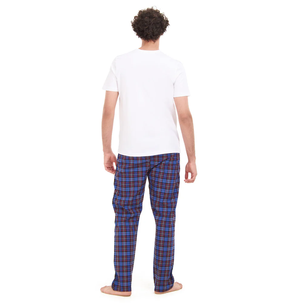 Men summer pajama set White T-shirt + Dark Blue Checkered pants - Image 4