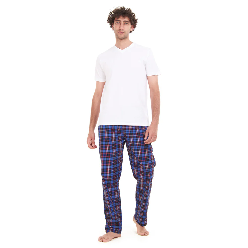 Men summer pajama set White T-shirt + Dark Blue Checkered pants - Image 5