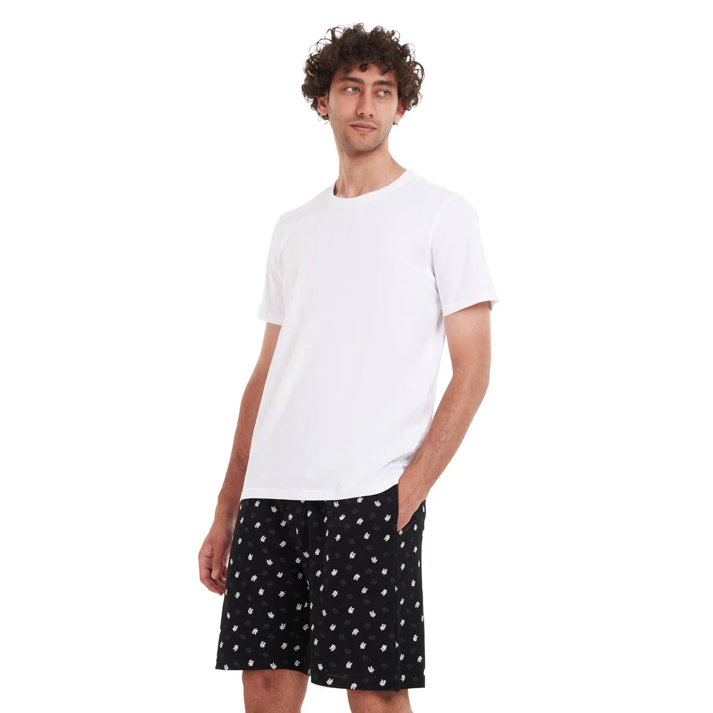 Men summer pajama set White T-shirt + Dark blue leaves short - Image 3