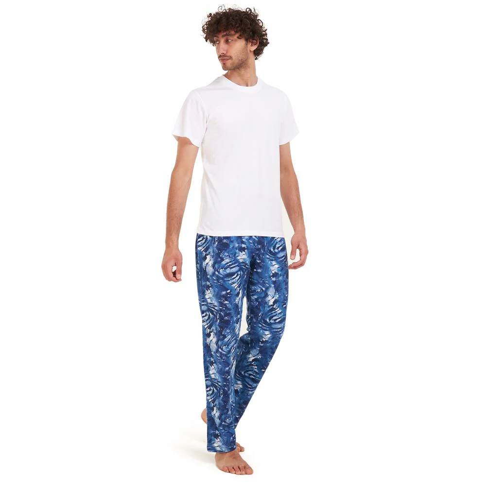 Men summer pajama set White t-shirt +Dark blue tie dye Pants - Image 2