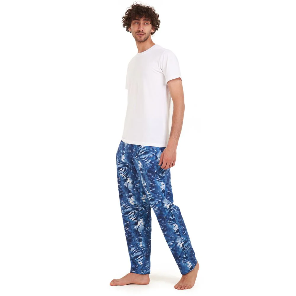 Men summer pajama set White t-shirt +Dark blue tie dye Pants - Image 3