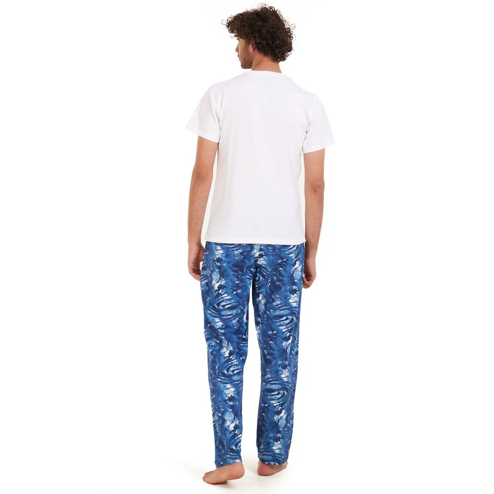 Men summer pajama set White t-shirt +Dark blue tie dye Pants - Image 4