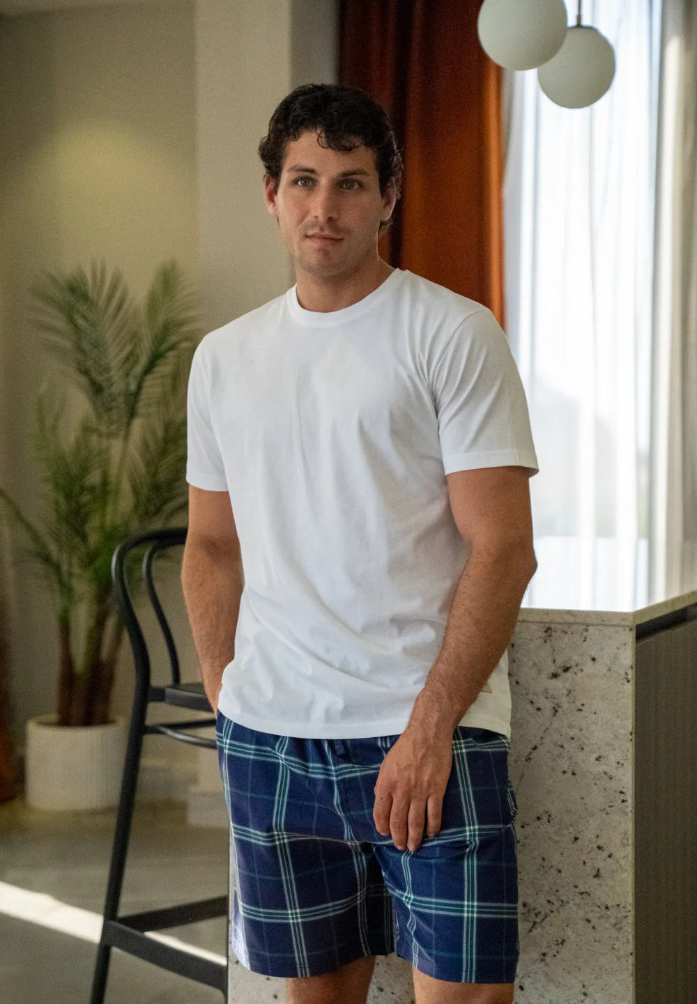 Men summer pajama set White T-shirt + Dark Blue X Dark Green plaid Short - Image 2
