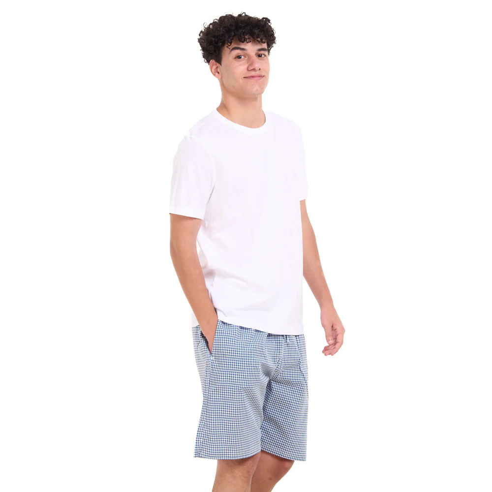 Men summer pajama set White T-shirt + Dark Blue x White Checkered shorts - Image 2