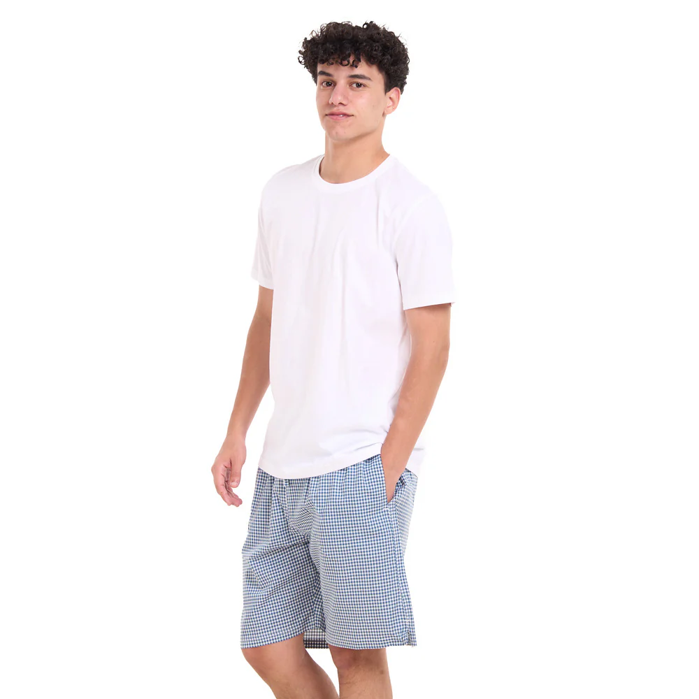 Men summer pajama set White T-shirt + Dark Blue x White Checkered shorts - Image 3