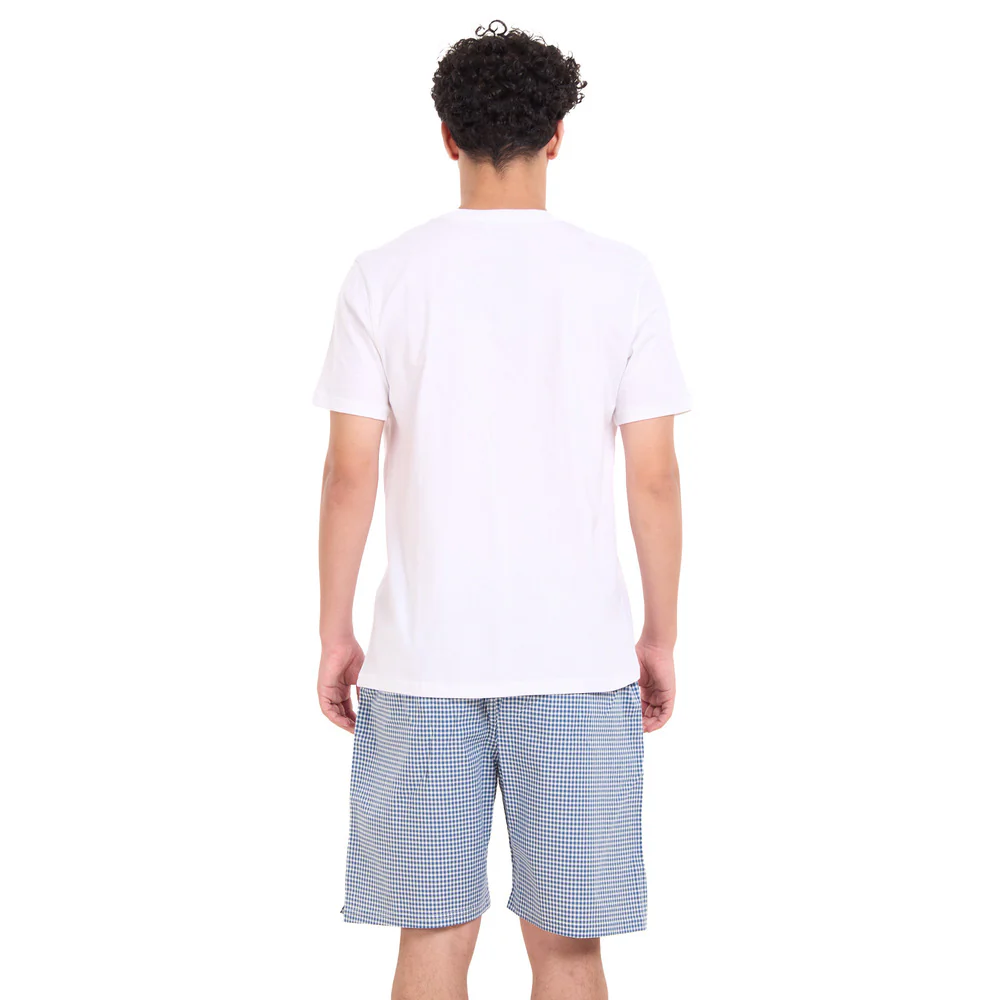 Men summer pajama set White T-shirt + Dark Blue x White Checkered shorts - Image 4