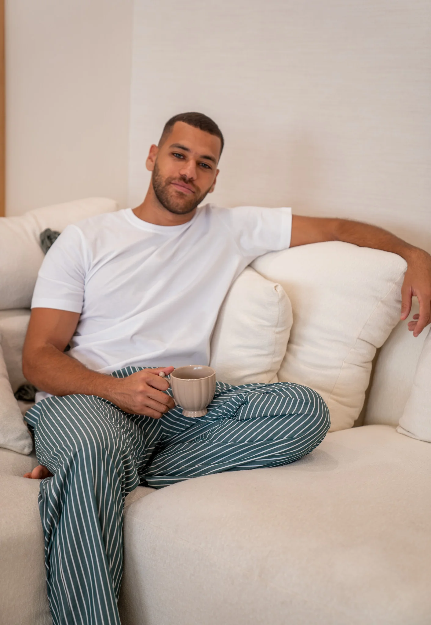 Men summer pajama set White T-shirt + Dark Green X White Striped Pants - Image 2