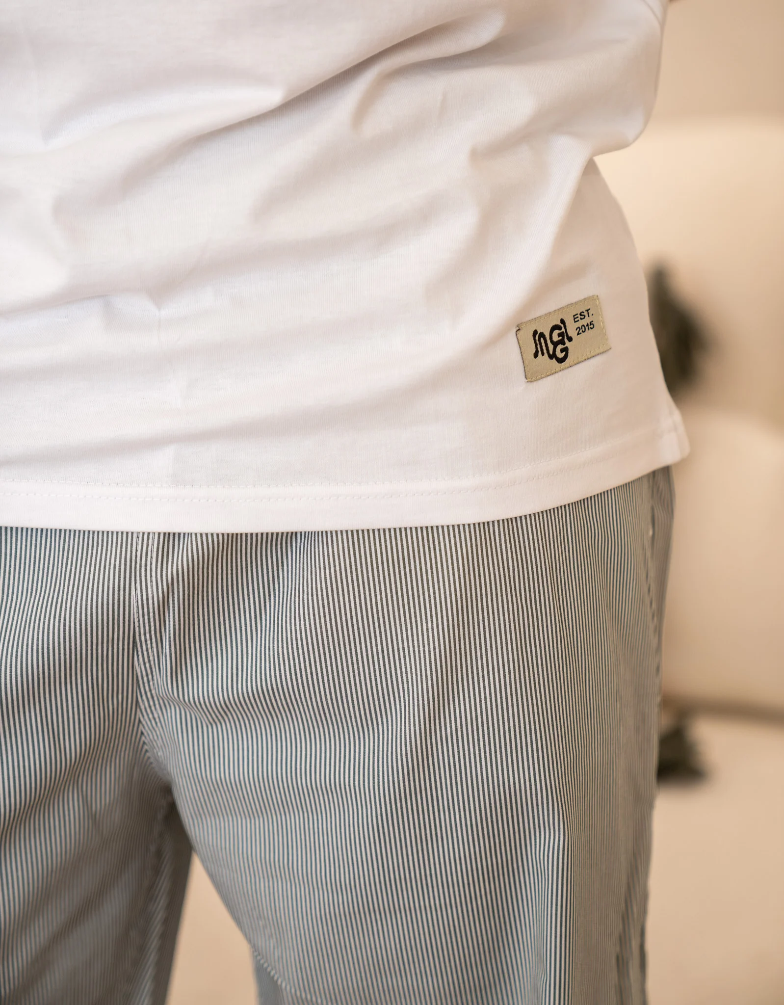 Men summer pajama set White T-shirt + Green X White Striped Pants - Image 2