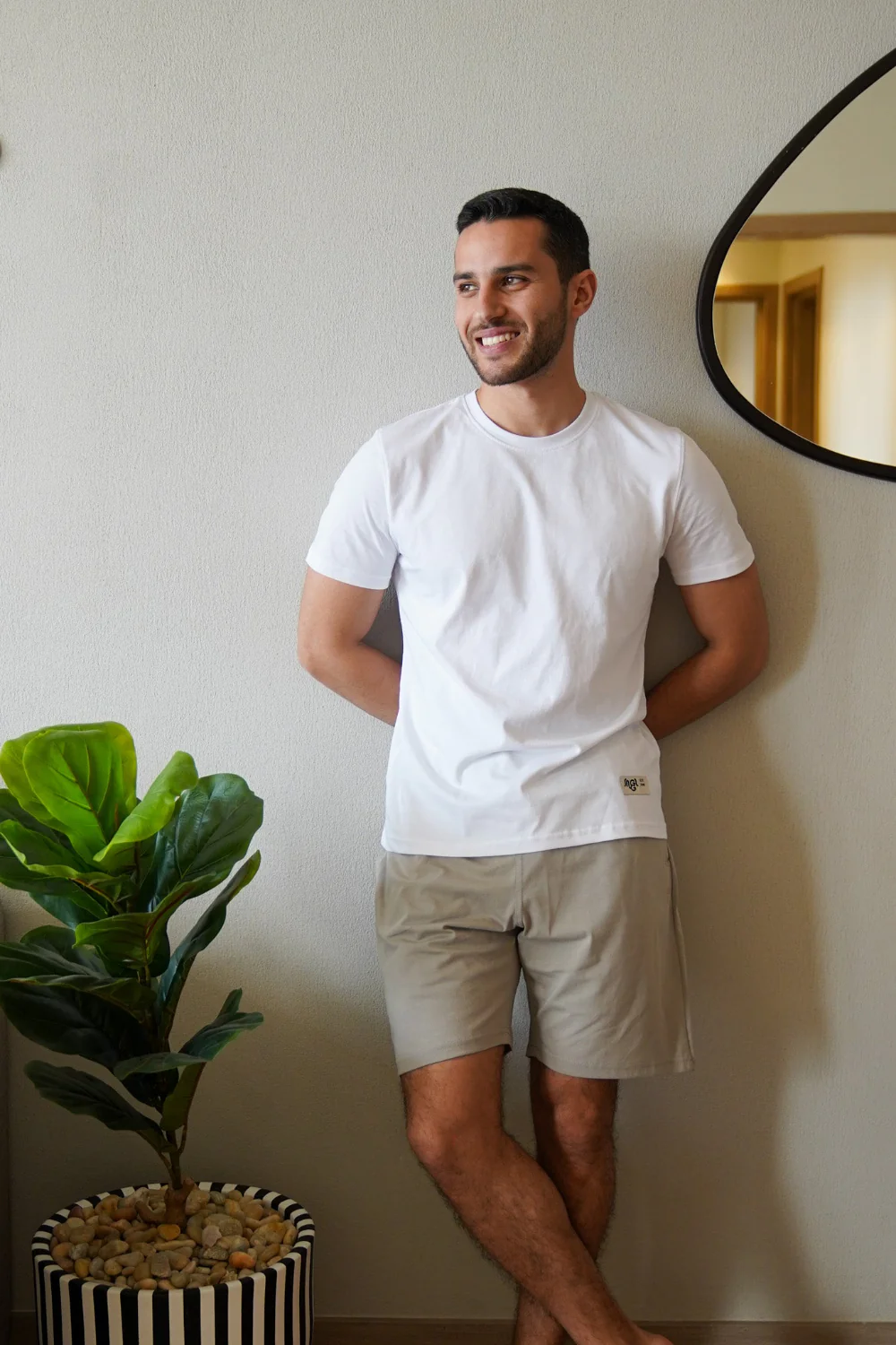 Men summer pajama set White T-shirt + Greyish Short - Image 2