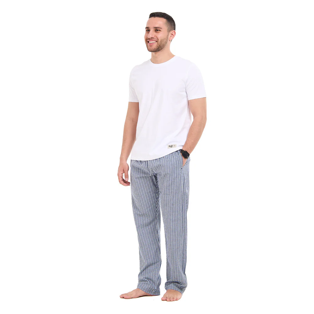 Men summer pajama set White T-shirt + Indigo X White checkered Pants - Image 3