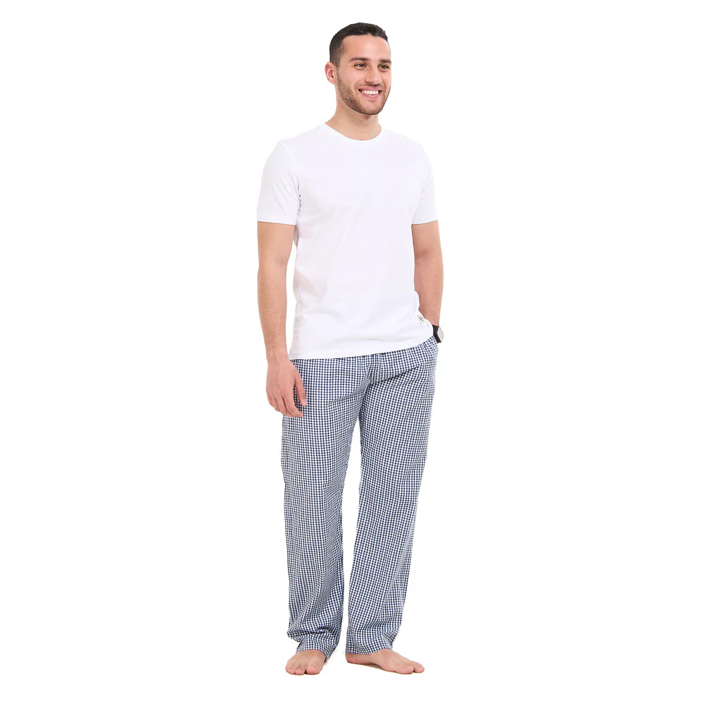 Men summer pajama set White T-shirt + Indigo X White checkered Pants - Image 4