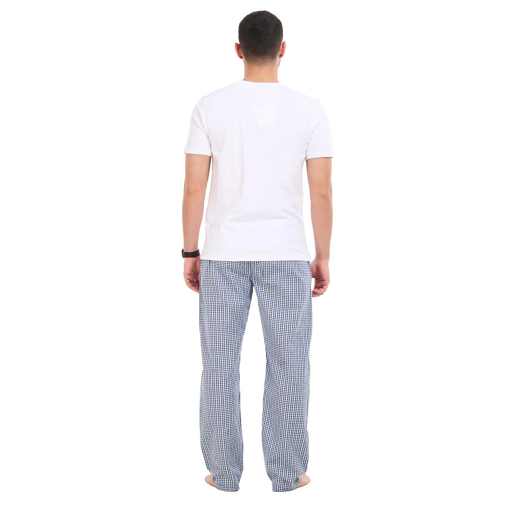 Men summer pajama set White T-shirt + Indigo X White checkered Pants - Image 5