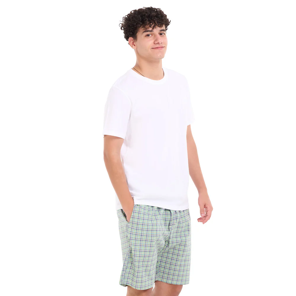 Men summer pajama set White T-shirt + Olive x Indigo Checkered Shorts - Image 2