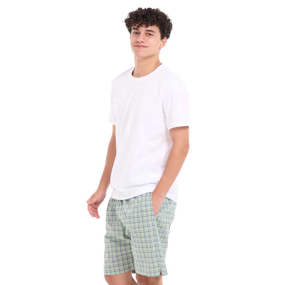 Men summer pajama set White T-shirt + Olive x Indigo Checkered Shorts - Image 3