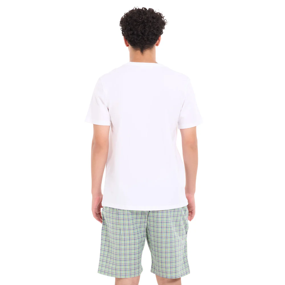 Men summer pajama set White T-shirt + Olive x Indigo Checkered Shorts - Image 4