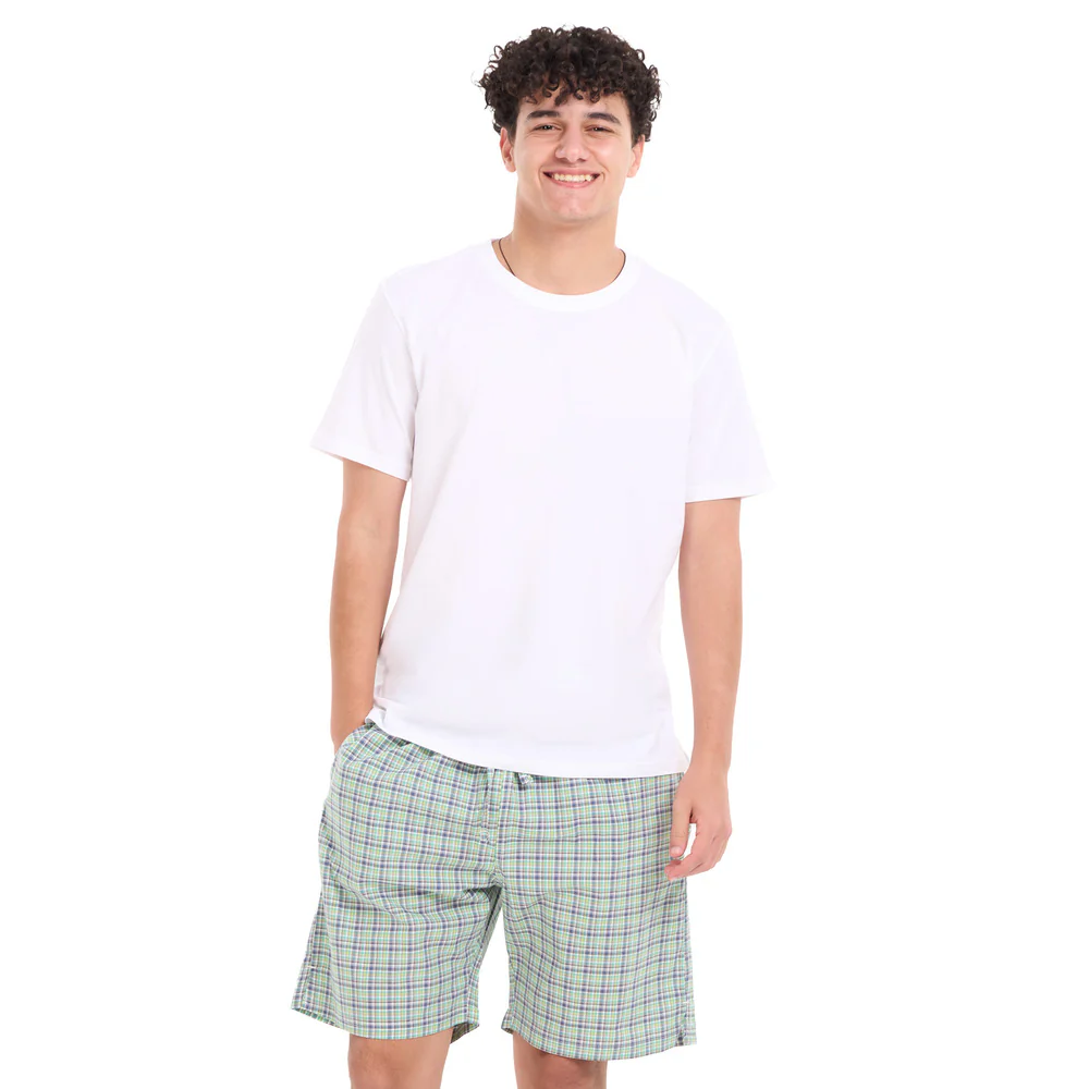 Men summer pajama set White T-shirt + Olive x Indigo Checkered Shorts - Image 5