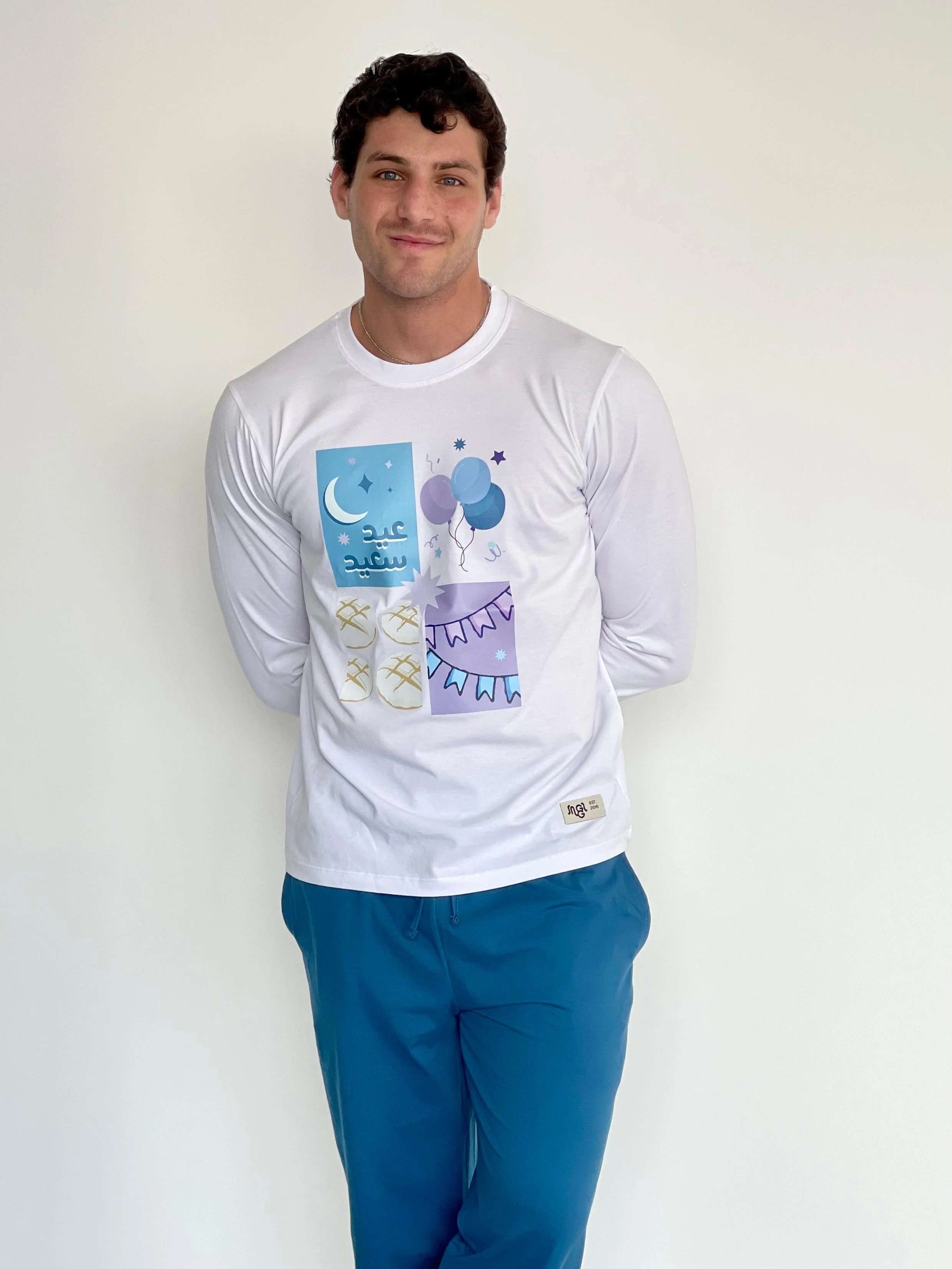 Men summer Eid pajama set White T-shirt + Petroleum Pants - Image 3