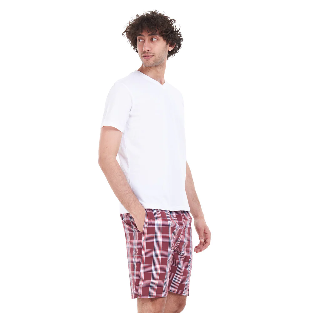 Men summer pajama set White T-shirt + Red checkered short - Image 2