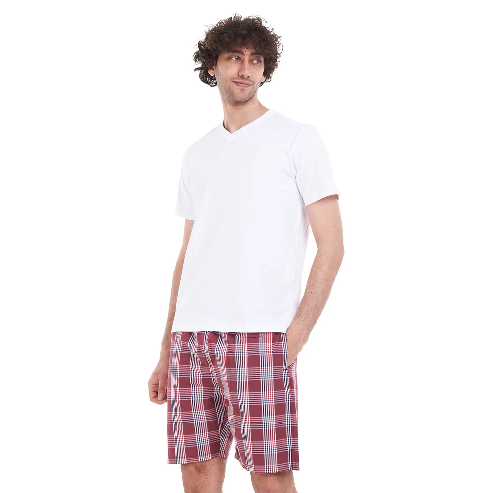 Men summer pajama set White T-shirt + Red checkered short - Image 3
