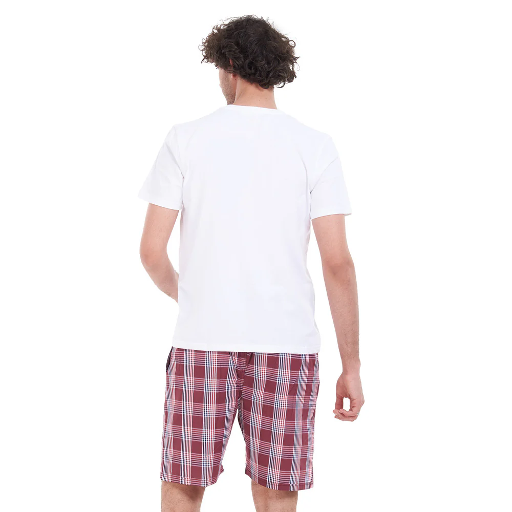 Men summer pajama set White T-shirt + Red checkered short - Image 4