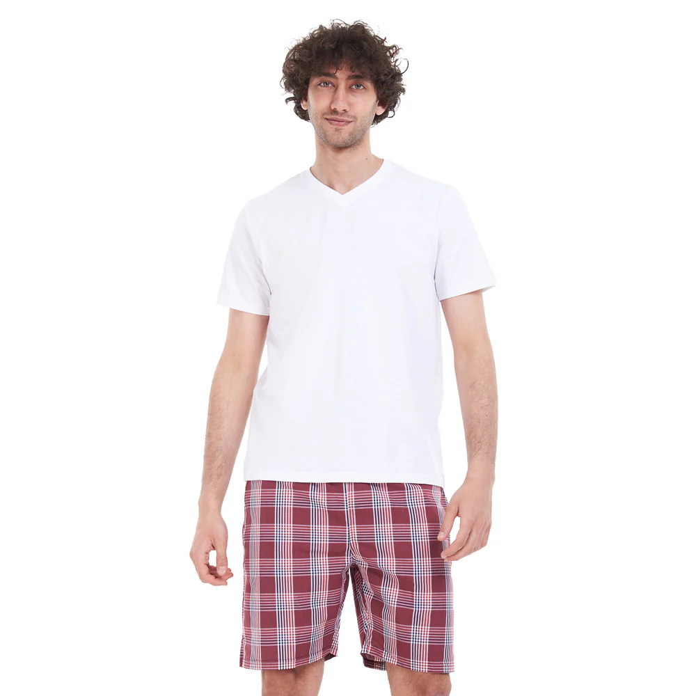 Men summer pajama set White T-shirt + Red checkered short - Image 5