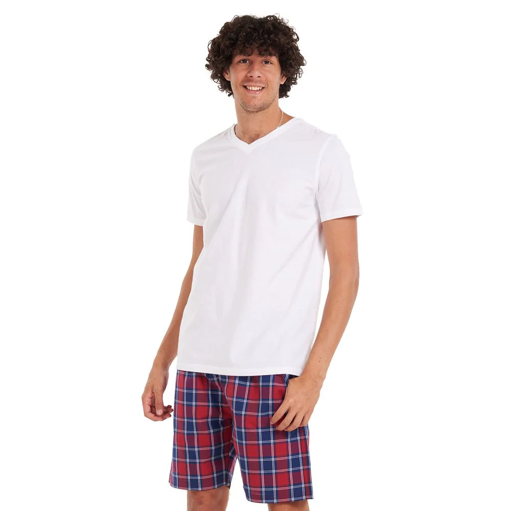 Men summer pajama set White T-shirt +Red checkered shorts - Image 3