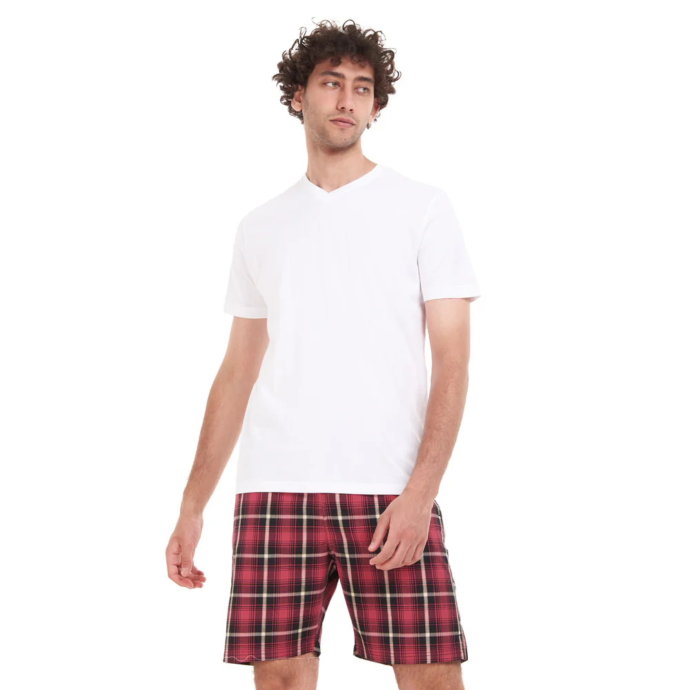 Men summer pajama set White T-shirt + Red x Black Checkered short - Image 2