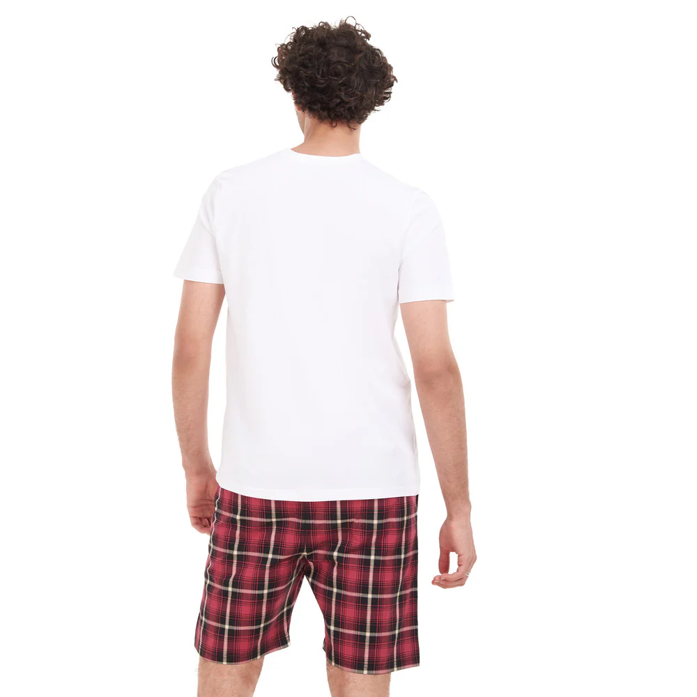 Men summer pajama set White T-shirt + Red x Black Checkered short - Image 3