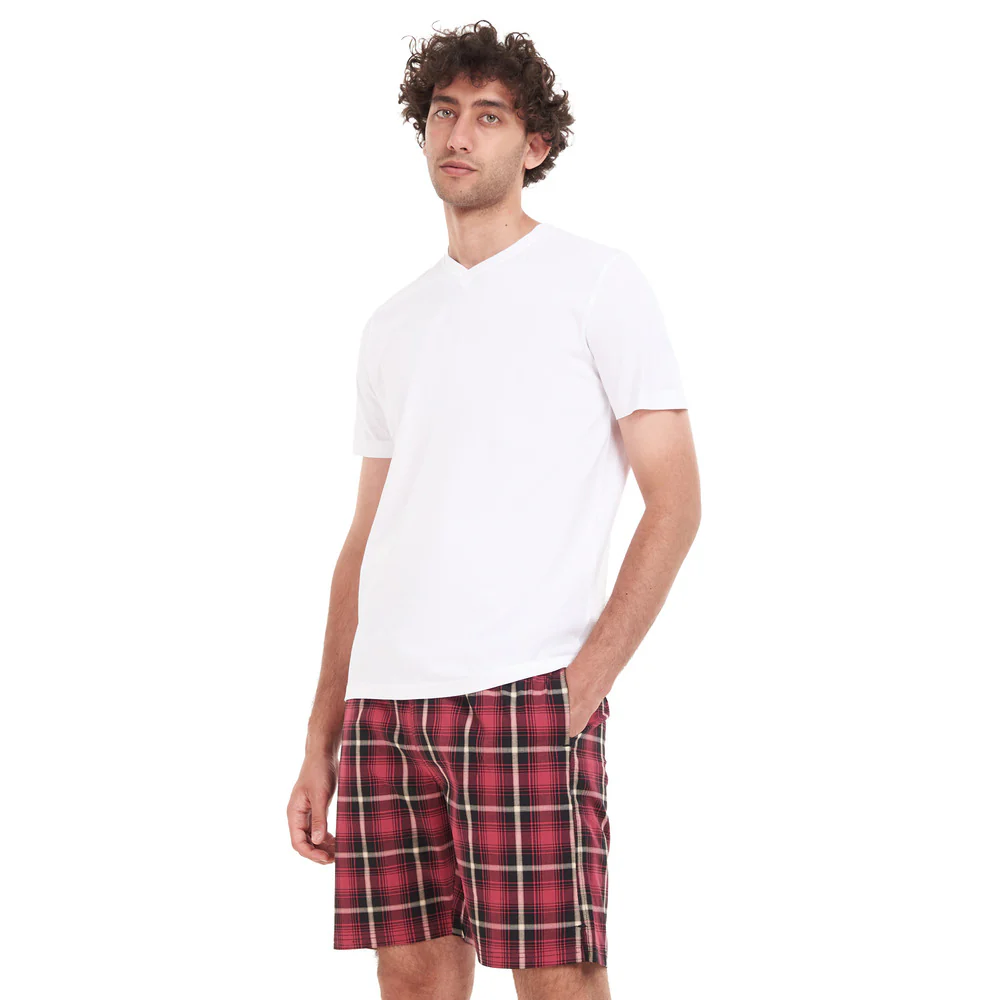 Men summer pajama set White T-shirt + Red x Black Checkered short - Image 4
