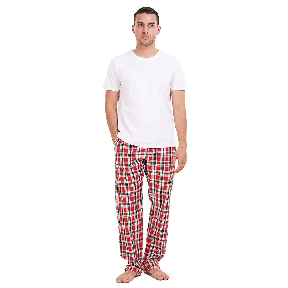 Men summer pajama set White T-shirt + Red x Dark blue checkered Pants - Image 2