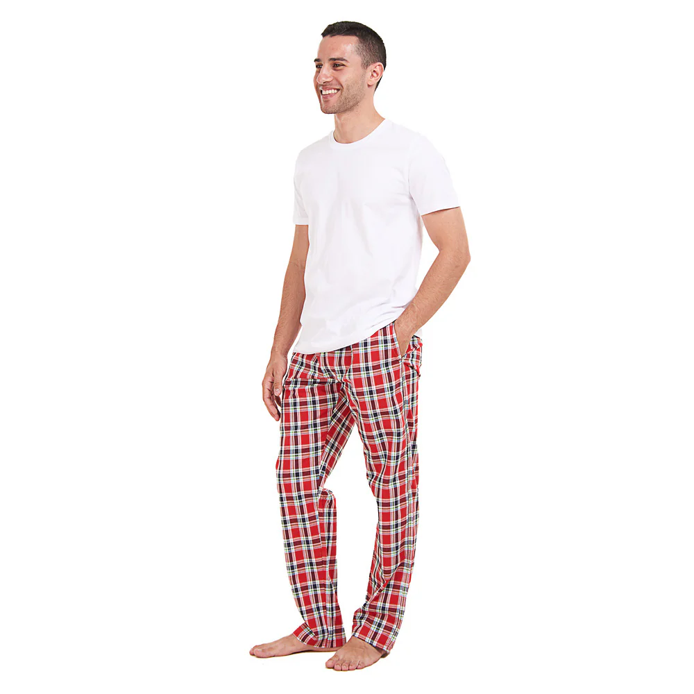 Men summer pajama set White T-shirt + Red x Dark blue checkered Pants - Image 3