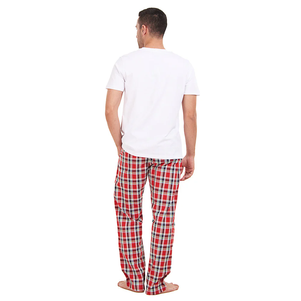 Men summer pajama set White T-shirt + Red x Dark blue checkered Pants - Image 4