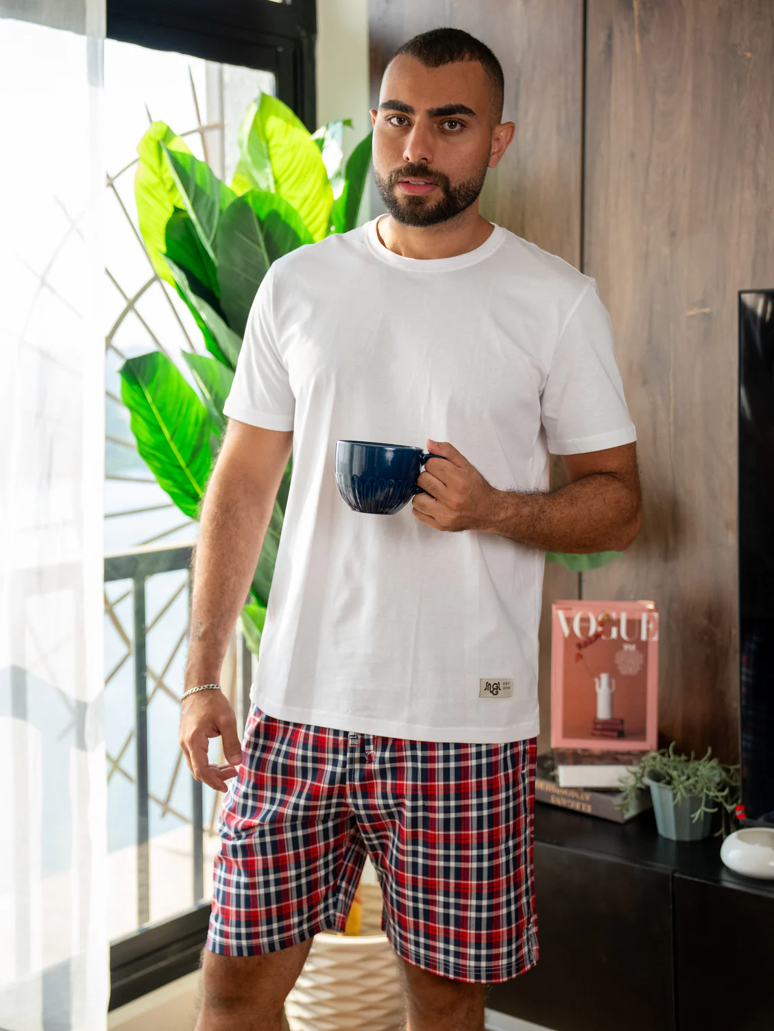 Men summer pajama set White T-shirt + Red X Dark Blue Checkered Short - Image 3