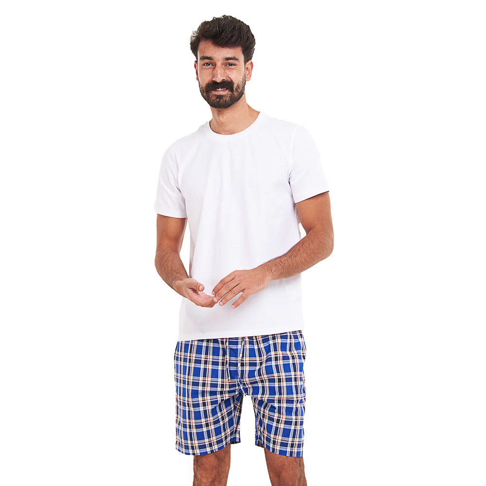 Men summer pajama set White T-shirt + Royal blue x Red Checkered shorts