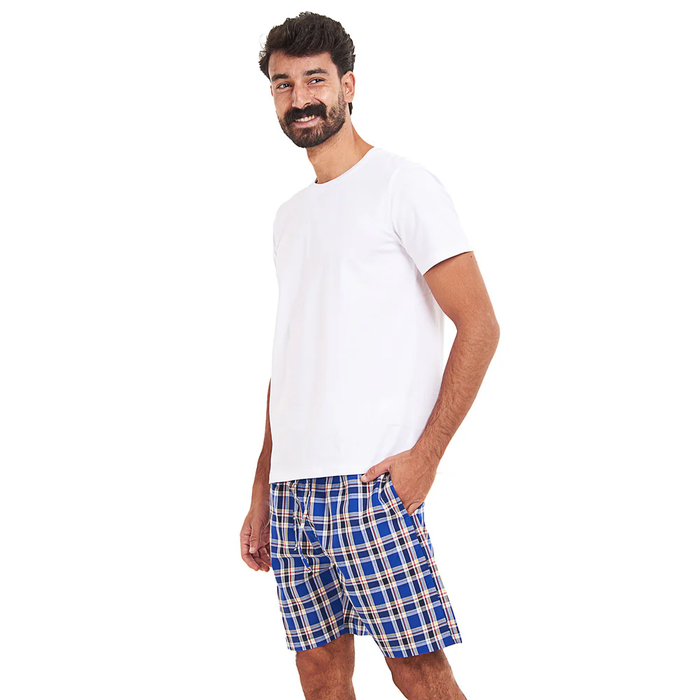 Men summer pajama set White T-shirt + Royal blue x Red Checkered shorts - Image 2