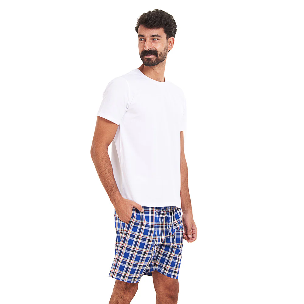 Men summer pajama set White T-shirt + Royal blue x Red Checkered shorts - Image 3