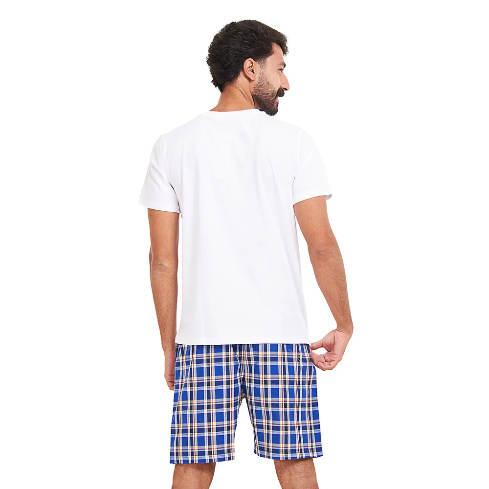 Men summer pajama set White T-shirt + Royal blue x Red Checkered shorts - Image 4