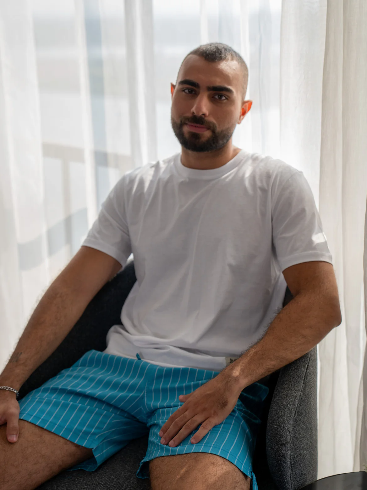 Men summer pajama set White T-shirt + Teal X White Stripes Short - Image 2