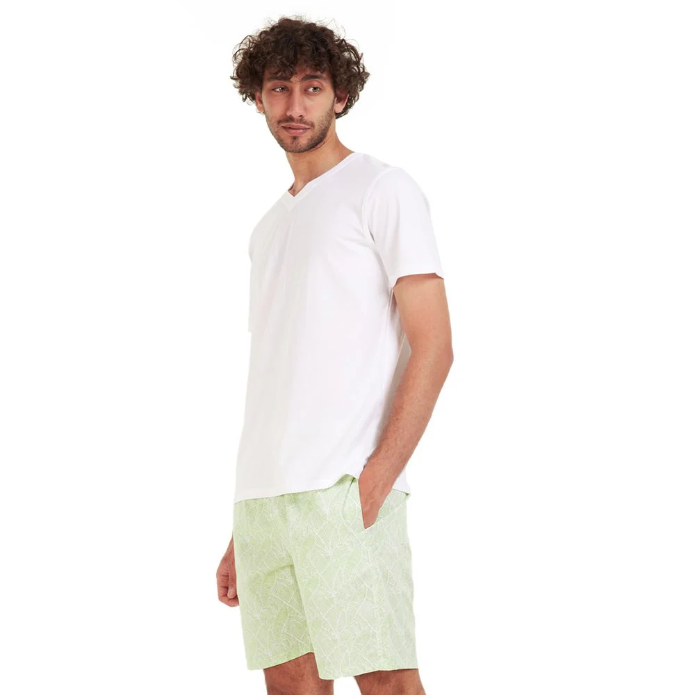 Men summer pajama set White T-shirt + White x Green lines short - Image 2