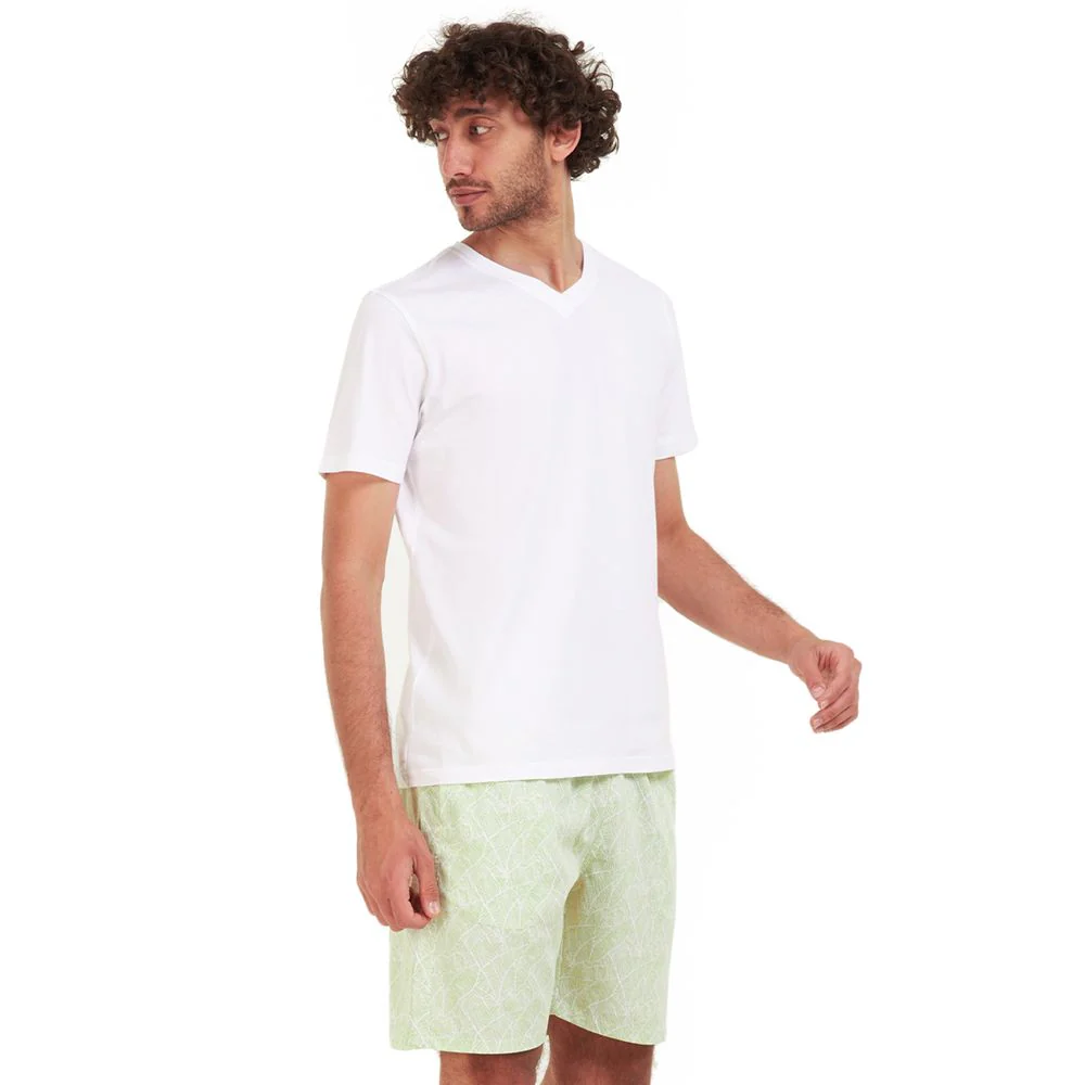 Men summer pajama set White T-shirt + White x Green lines short - Image 3
