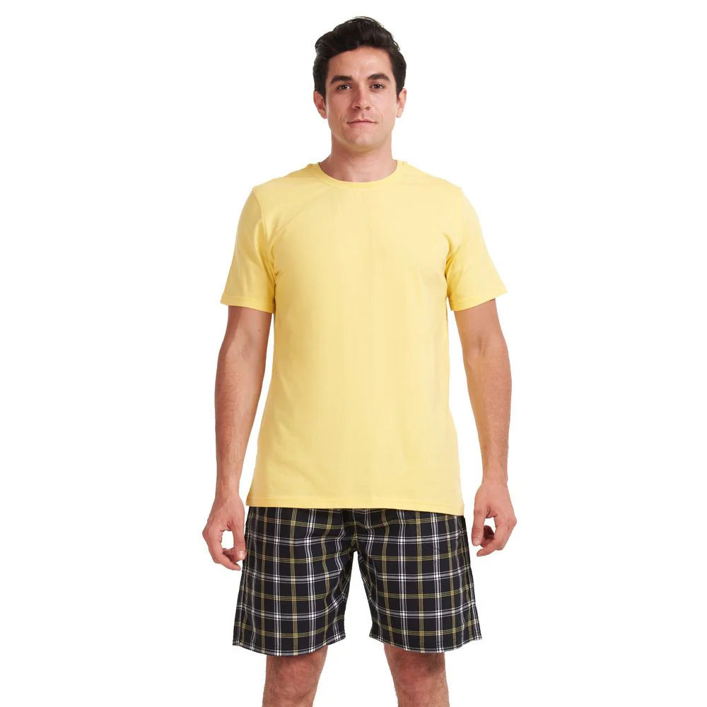 Men summer pajama set Yellow T-shirt + Black x yellow checkered shorts - Image 3