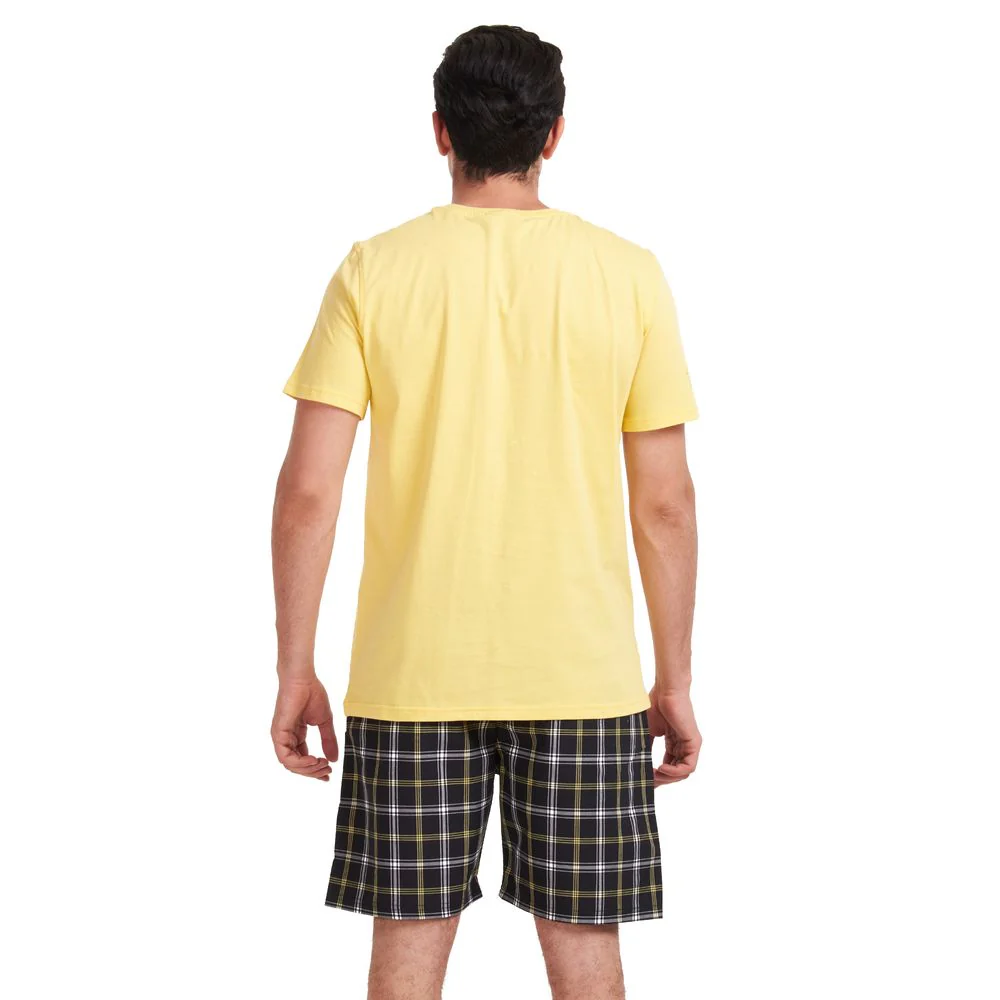 Men summer pajama set Yellow T-shirt + Black x yellow checkered shorts - Image 4