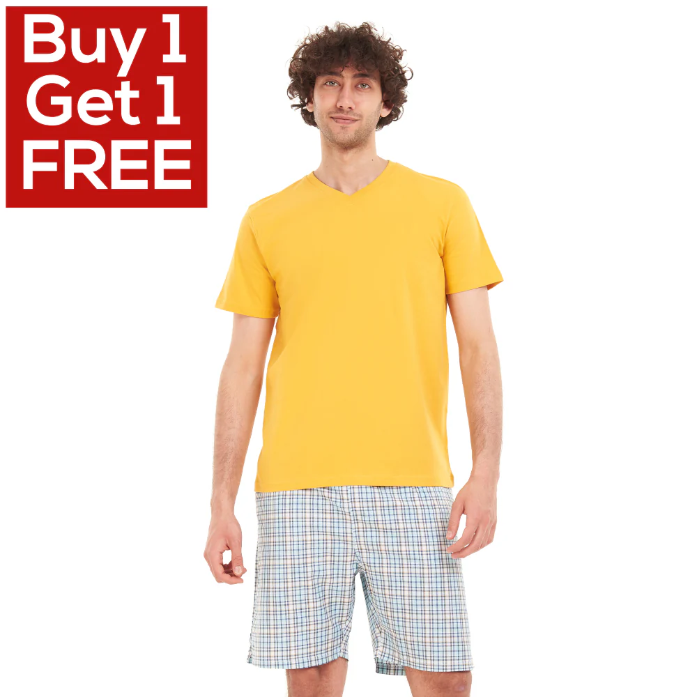 Men summer pajama set Yellow T-shirt + Blue x yellow checkered short