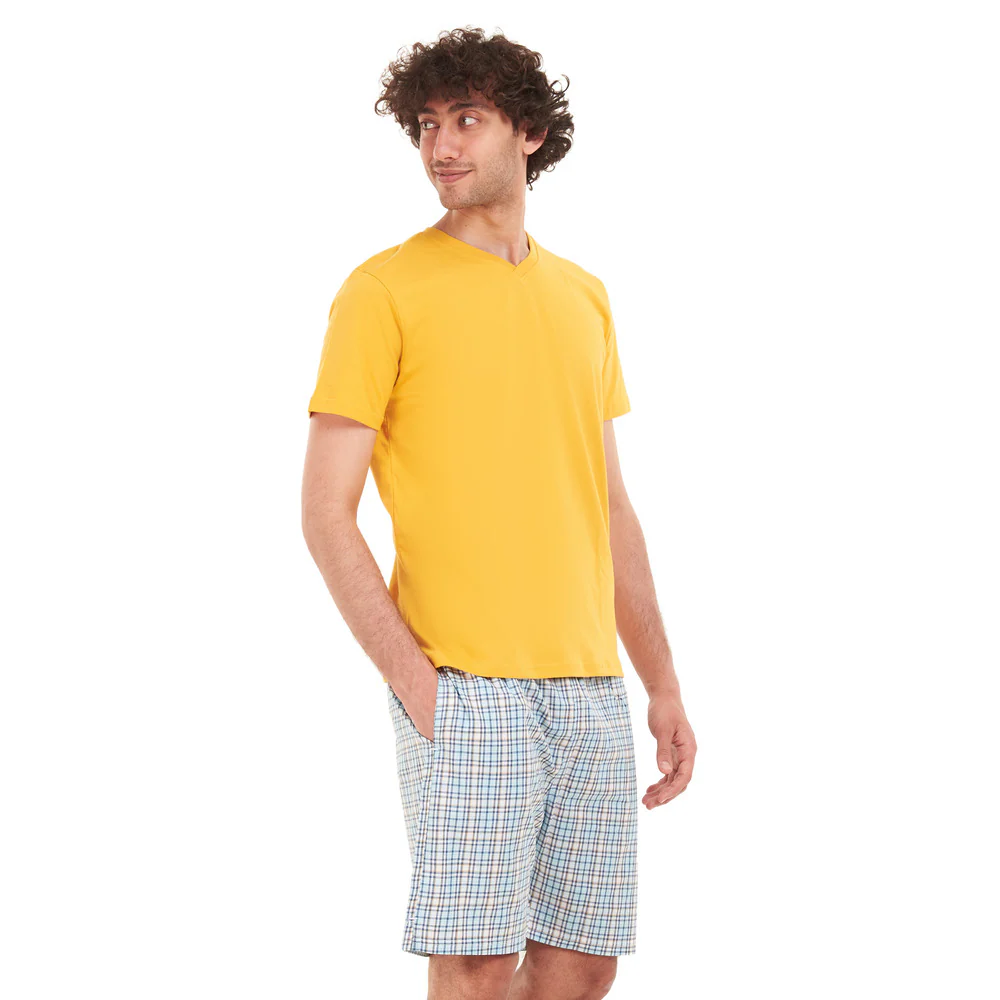 Men summer pajama set Yellow T-shirt + Blue x yellow checkered short - Image 2