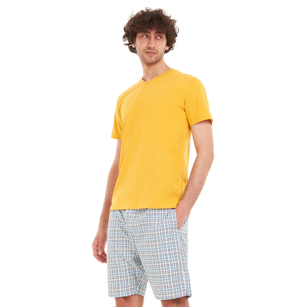 Men summer pajama set Yellow T-shirt + Blue x yellow checkered short - Image 3