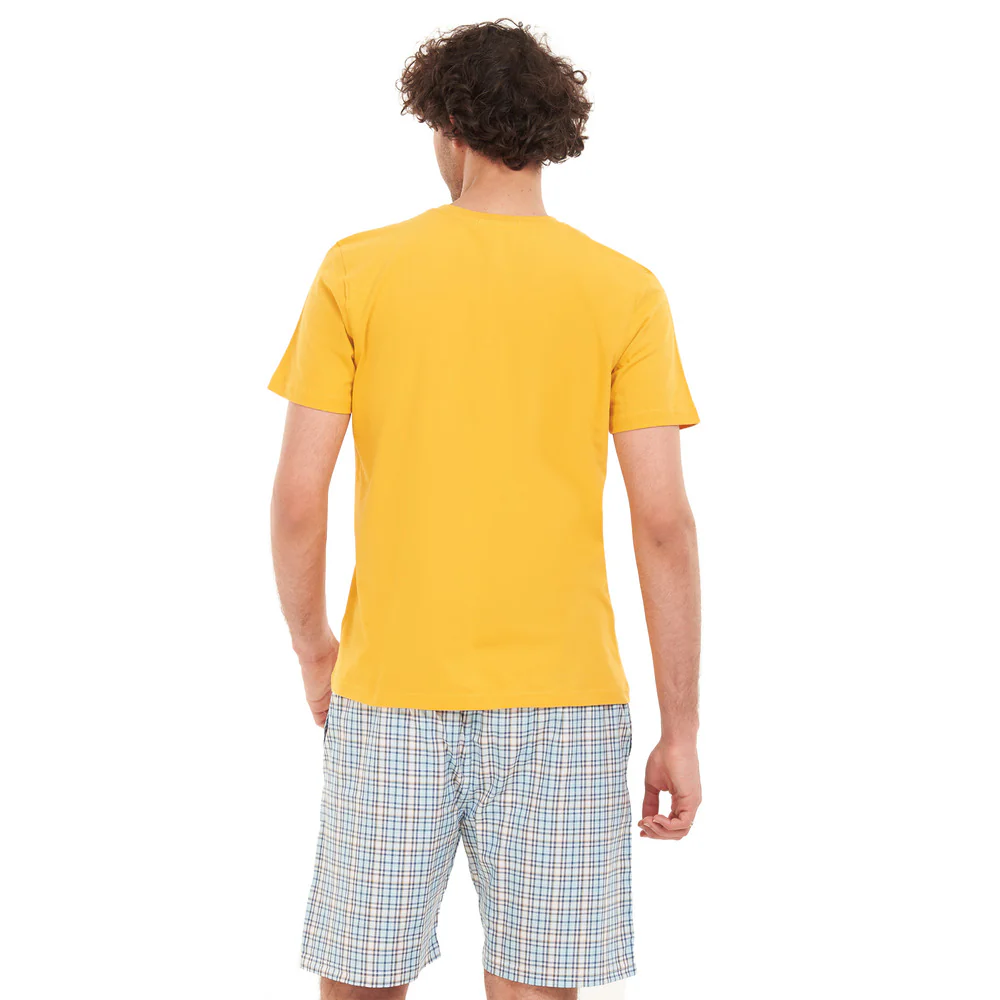 Men summer pajama set Yellow T-shirt + Blue x yellow checkered short - Image 4